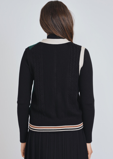 Textured Elegance: Black and Green Cable Knit Vest