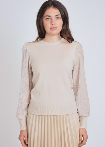 Make a Statement: Beige Knit Sweater, Bold Volume Sleeves