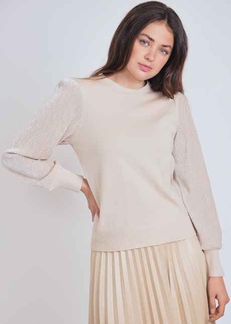 Make a Statement: Beige Knit Sweater, Bold Volume Sleeves