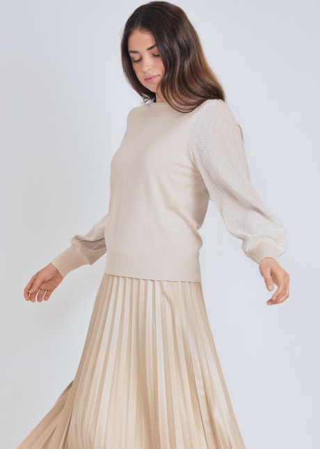 Make a Statement: Beige Knit Sweater, Bold Volume Sleeves