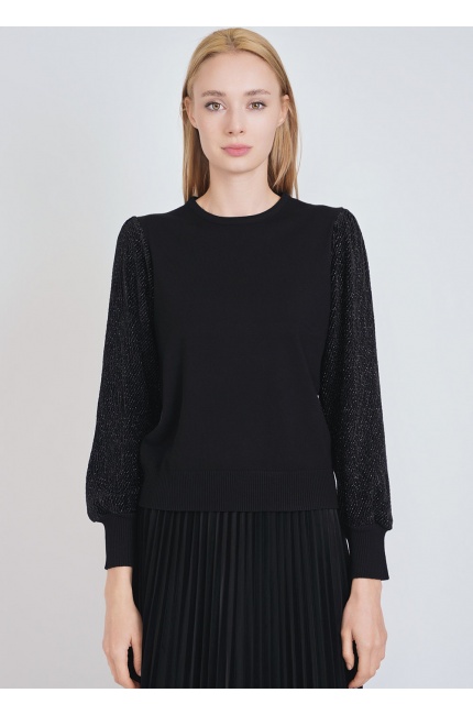Edgy Black Knit Top with Eye-catching Voluminous Sleeves