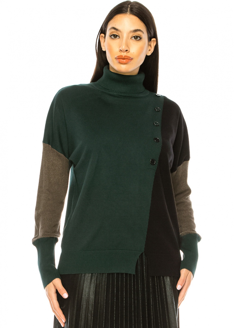 Green Hues: Color Block High Neck Sweater