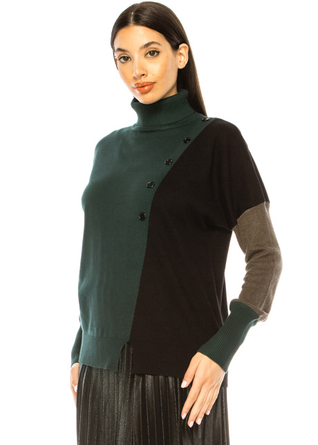 Green Hues: Color Block High Neck Sweater
