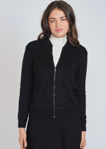 Smooth-textured Black Cardigan with Zip Closure