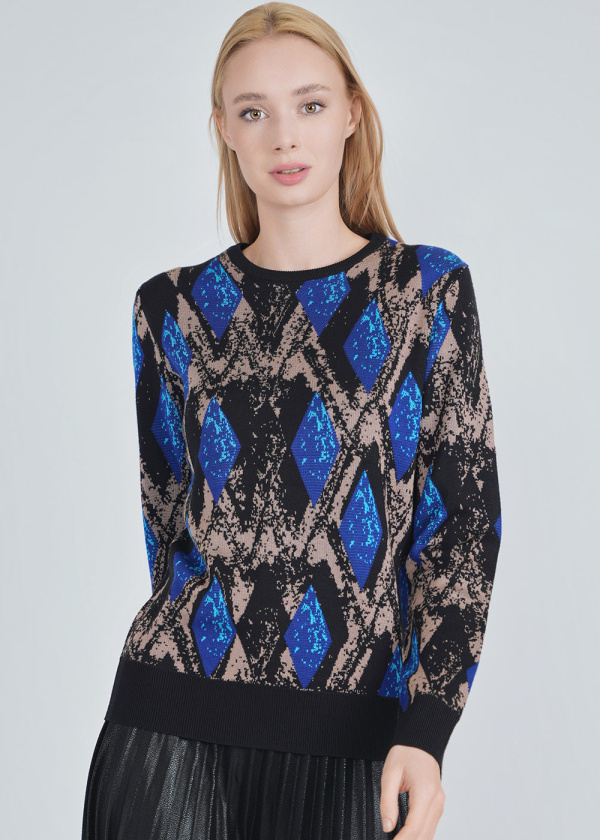 Knit Top with Blue Diamond Motifs