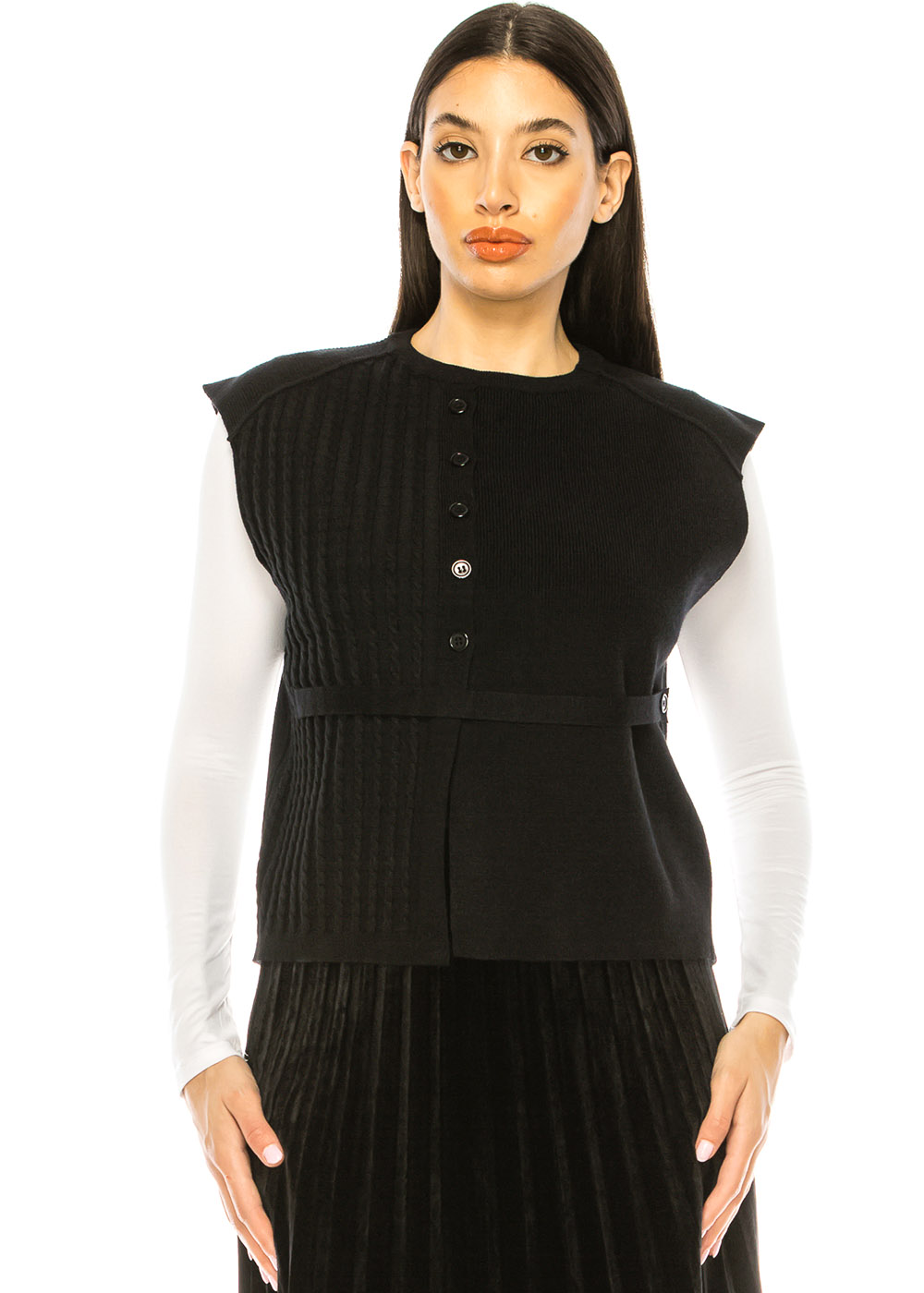 Sleek Black Vest in Mixed Knit Design