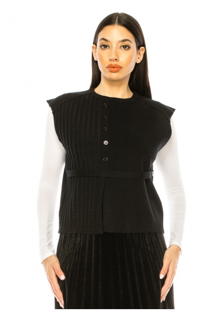 Sleek Black Vest in Mixed Knit Design