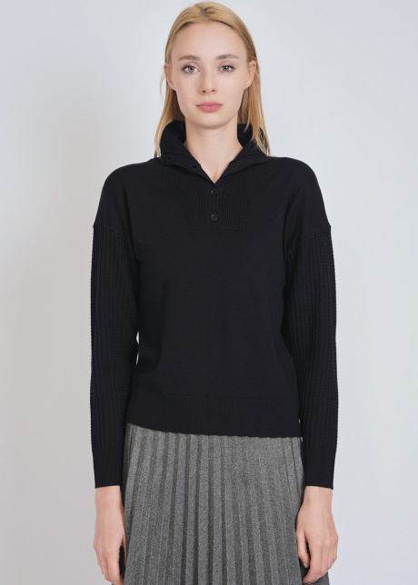 Elegant Buttoned Black Knit High Neck Sweater