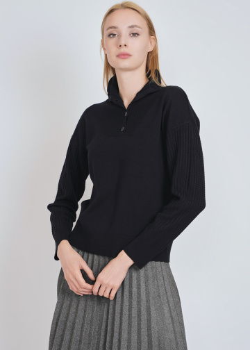 Elegant Buttoned Black Knit High Neck Sweater