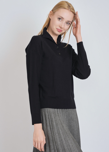 Elegant Buttoned Black Knit High Neck Sweater