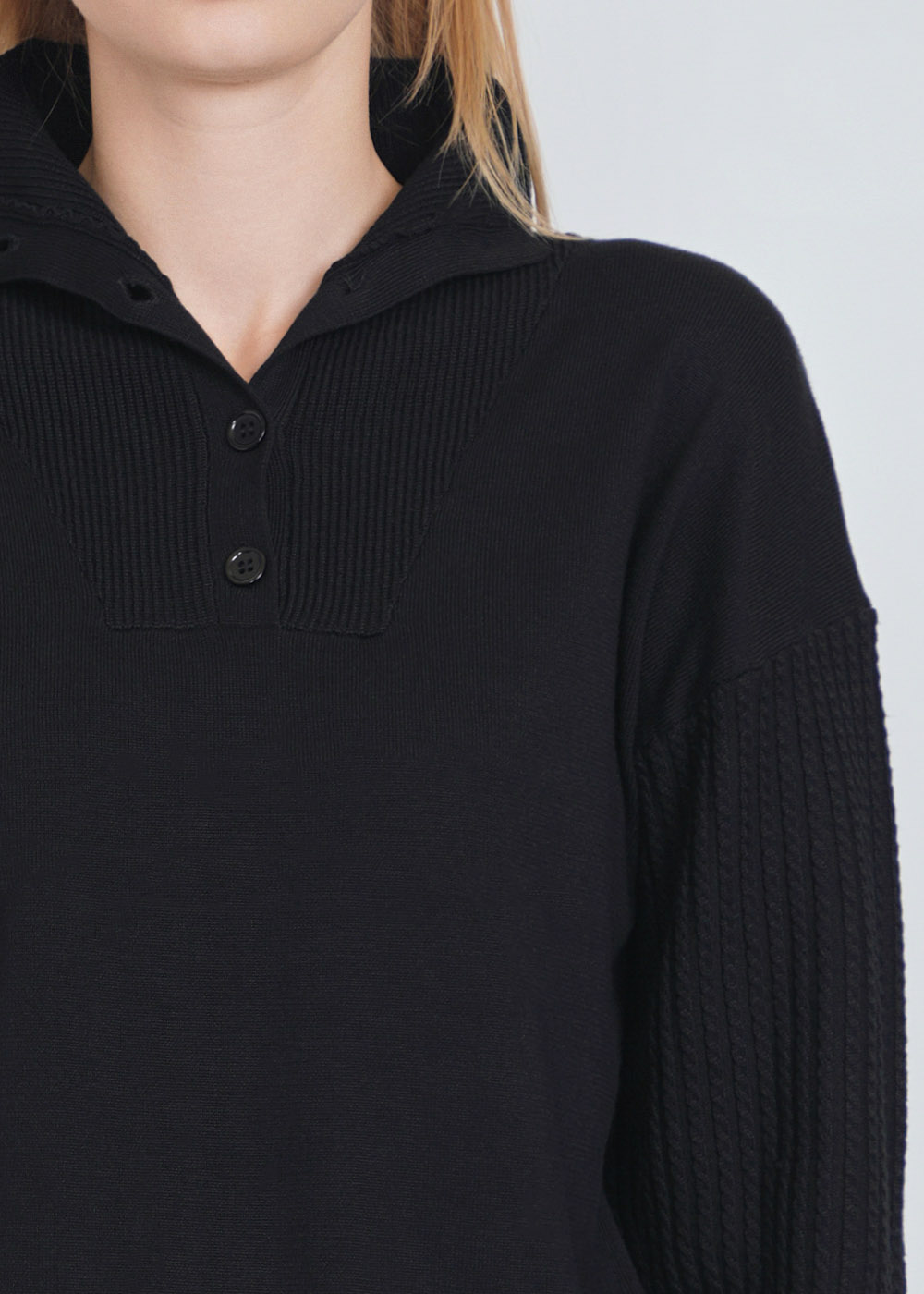 Elegant Buttoned Black Knit High Neck Sweater