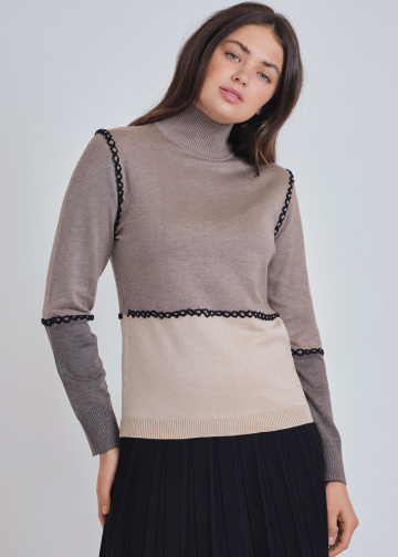 Crafted Elegance: Taupe Color Block Sweater