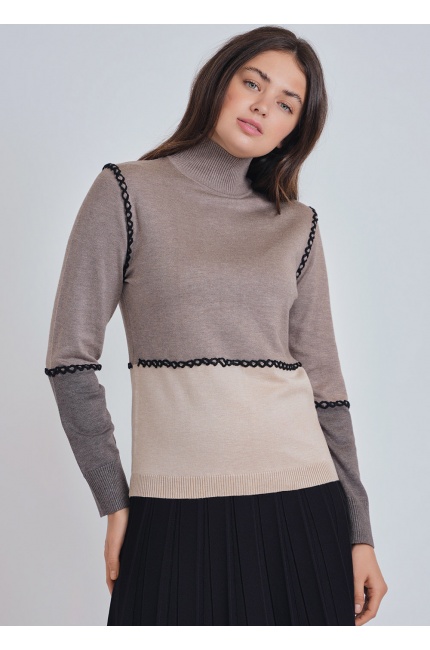 Crafted Elegance: Taupe Color Block Sweater