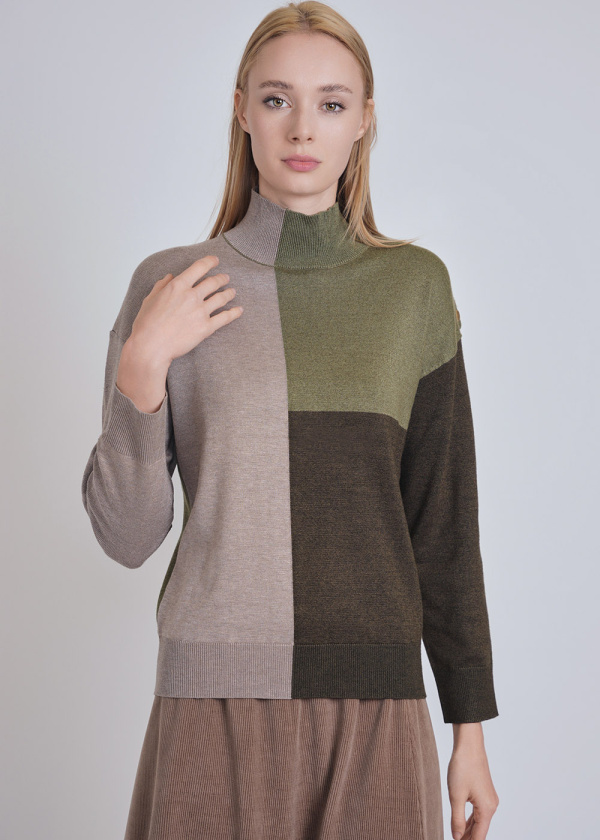 Olive Touch: High Neck Knit with Color Block Design