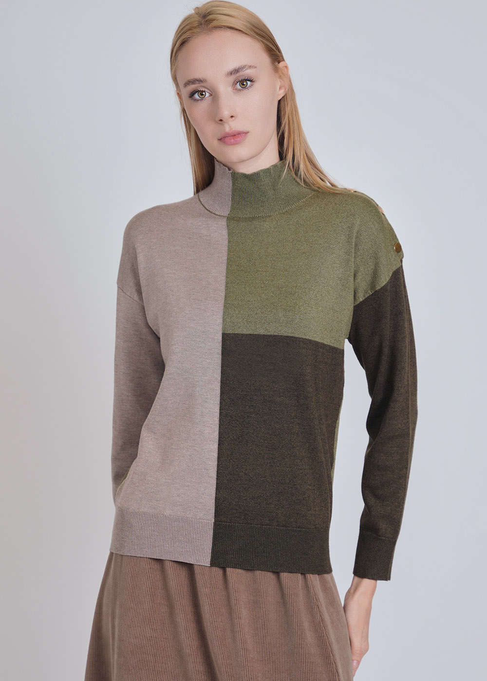 Olive Touch: High Neck Knit with Color Block Design