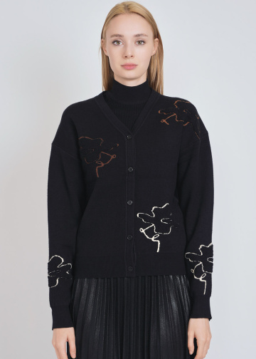 Buttoned Black Cardigan with V-Neck and Relaxed Shoulder Fit