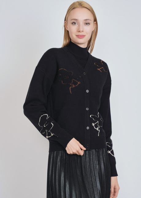 Buttoned Black Cardigan with V-Neck and Relaxed Shoulder Fit
