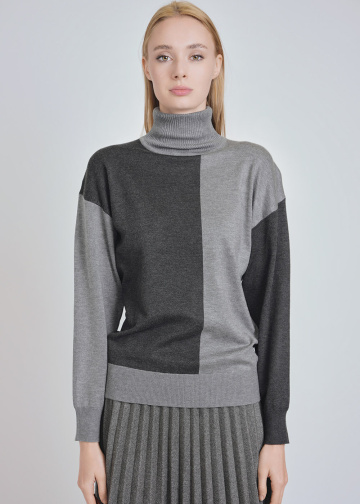 Relaxed Grey High Neck Color Block Knit