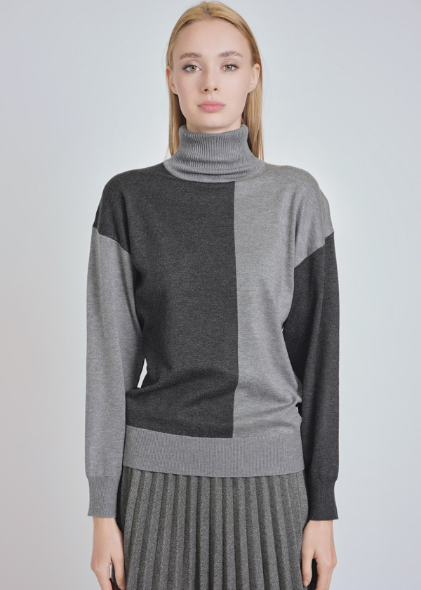 Relaxed Grey High Neck Color Block Knit