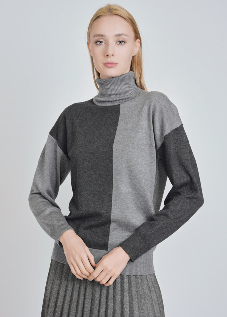 Relaxed Grey High Neck Color Block Knit