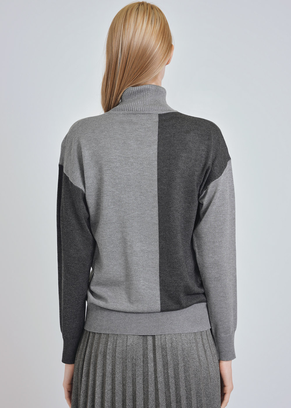 Relaxed Grey High Neck Color Block Knit