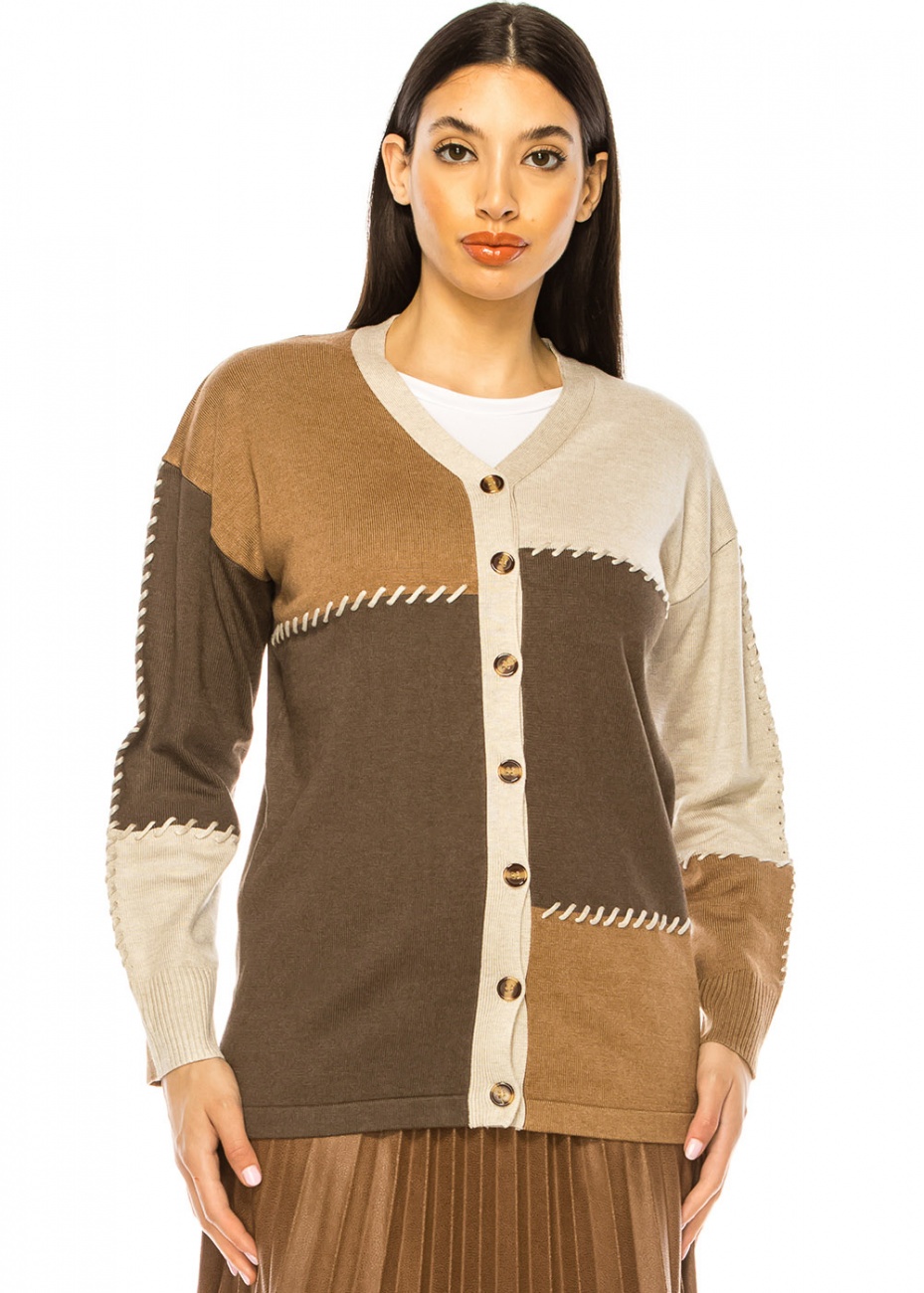 Button-Up Cardigan in Three-Tone Color Block