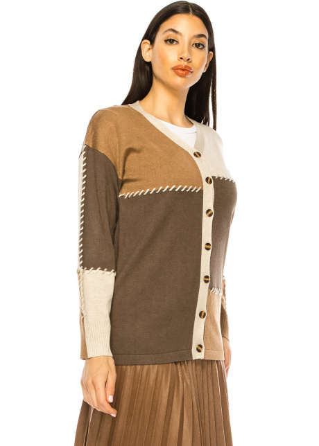 Button-Up Cardigan in Three-Tone Color Block