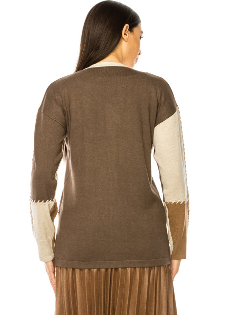 Button-Up Cardigan in Three-Tone Color Block