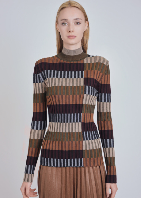 Multi-Colored Ribbed Sweater with High Collar