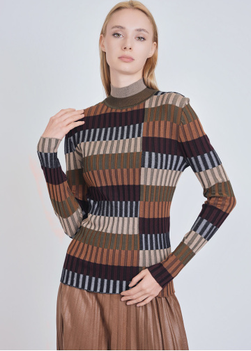 Multi-Colored Ribbed Sweater with High Collar