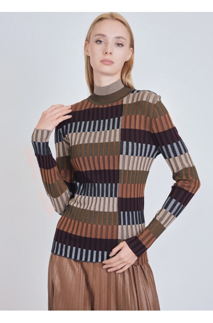 Multi-Colored Ribbed Sweater with High Collar