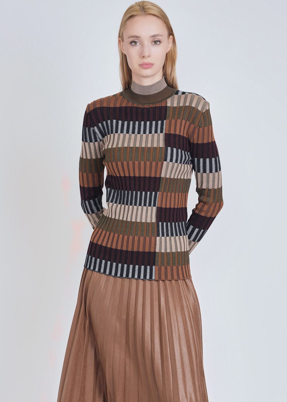 Multi-Colored Ribbed Sweater with High Collar