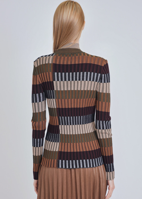 Multi-Colored Ribbed Sweater with High Collar