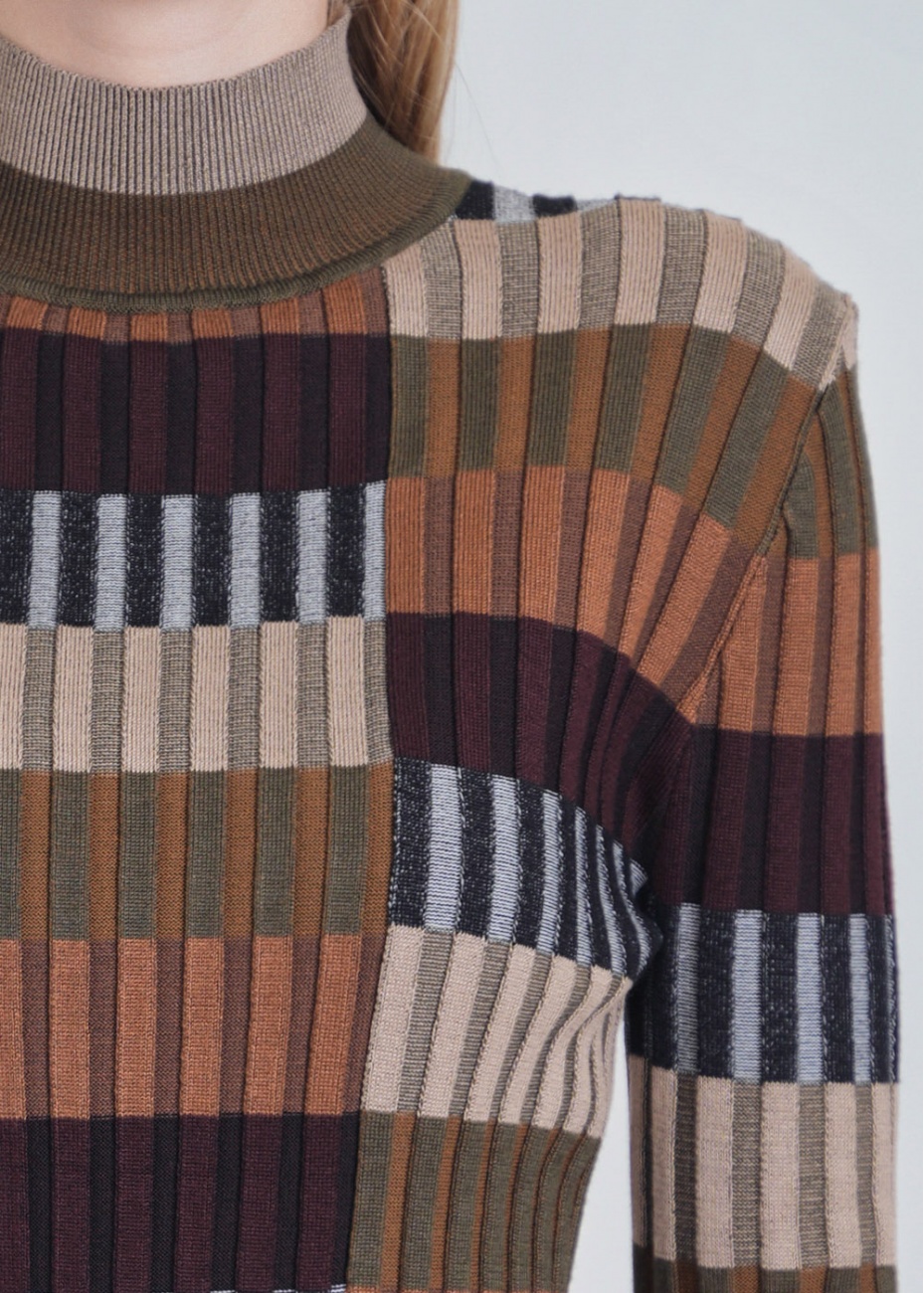 Multi-Colored Ribbed Sweater with High Collar