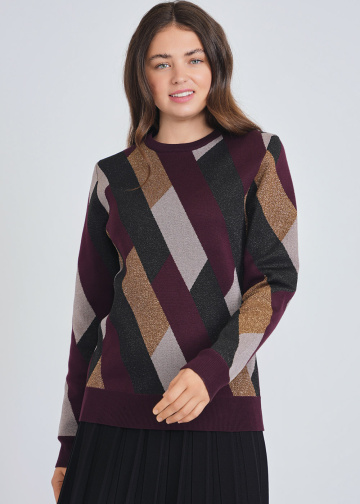 Abstract Geo Designs on Burgundy Knit Top