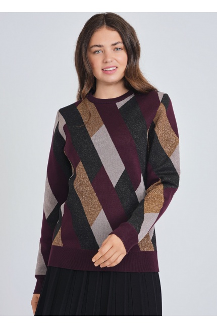 Abstract Geo Designs on Burgundy Knit Top