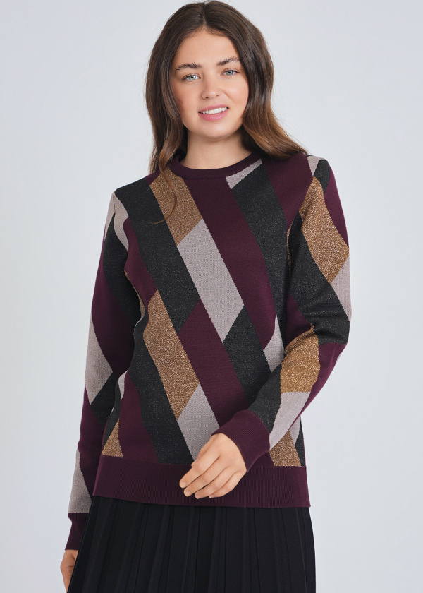 Abstract Geo Designs on Burgundy Knit Top
