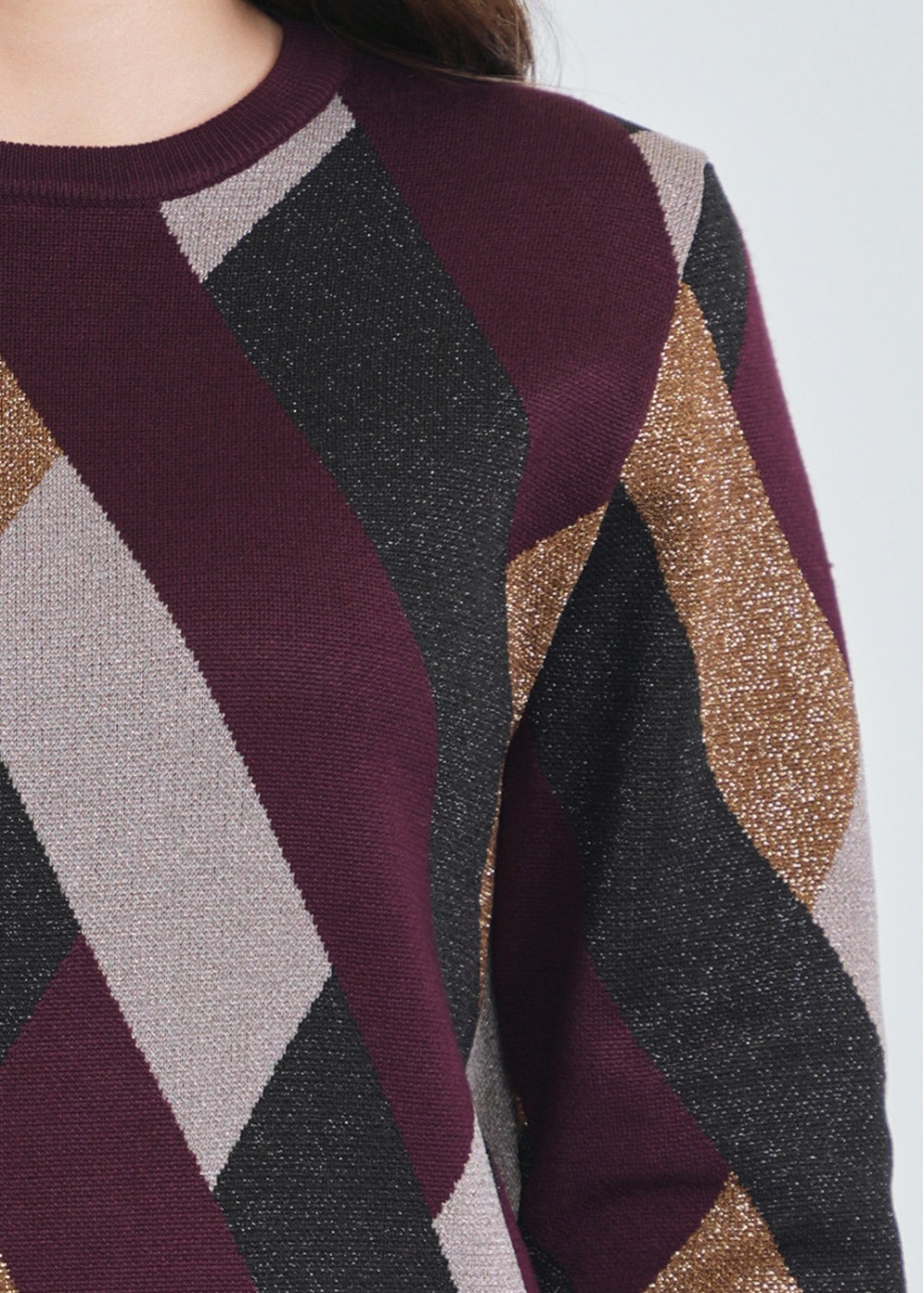 Abstract Geo Designs on Burgundy Knit Top