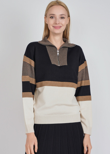 Multi-Tonal Zip Collar Sweater with Color Sections