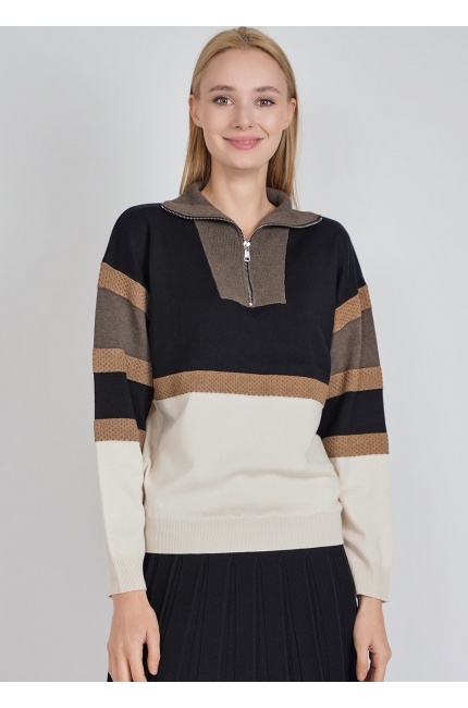 Multi-Tonal Zip Collar Sweater with Color Sections