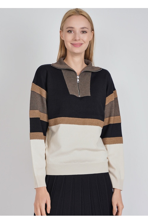 Multi-Tonal Zip Collar Sweater with Color Sections