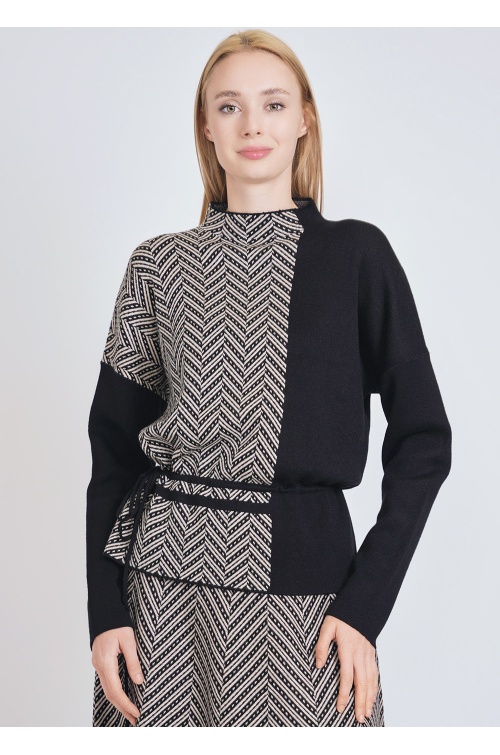 Elevate Your Style: Black Color Block Sweater with Waist Cord