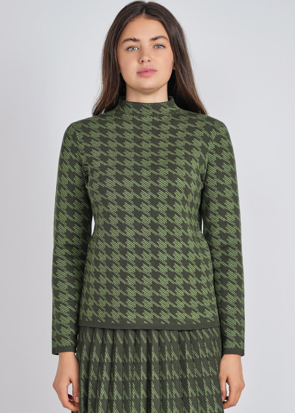 Houndstooth Pattern Green Knit Top