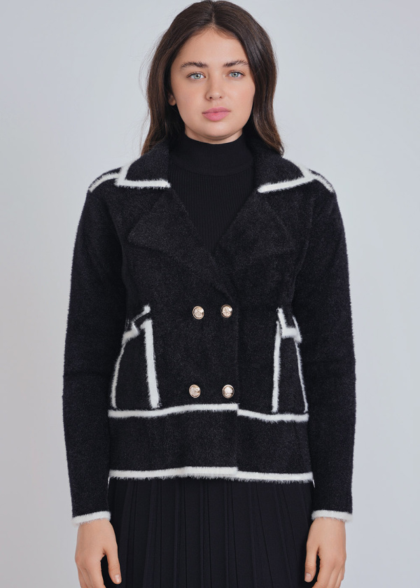 Black & White Cardigan Fusion: Warm Furry Knit with Formal Lapel