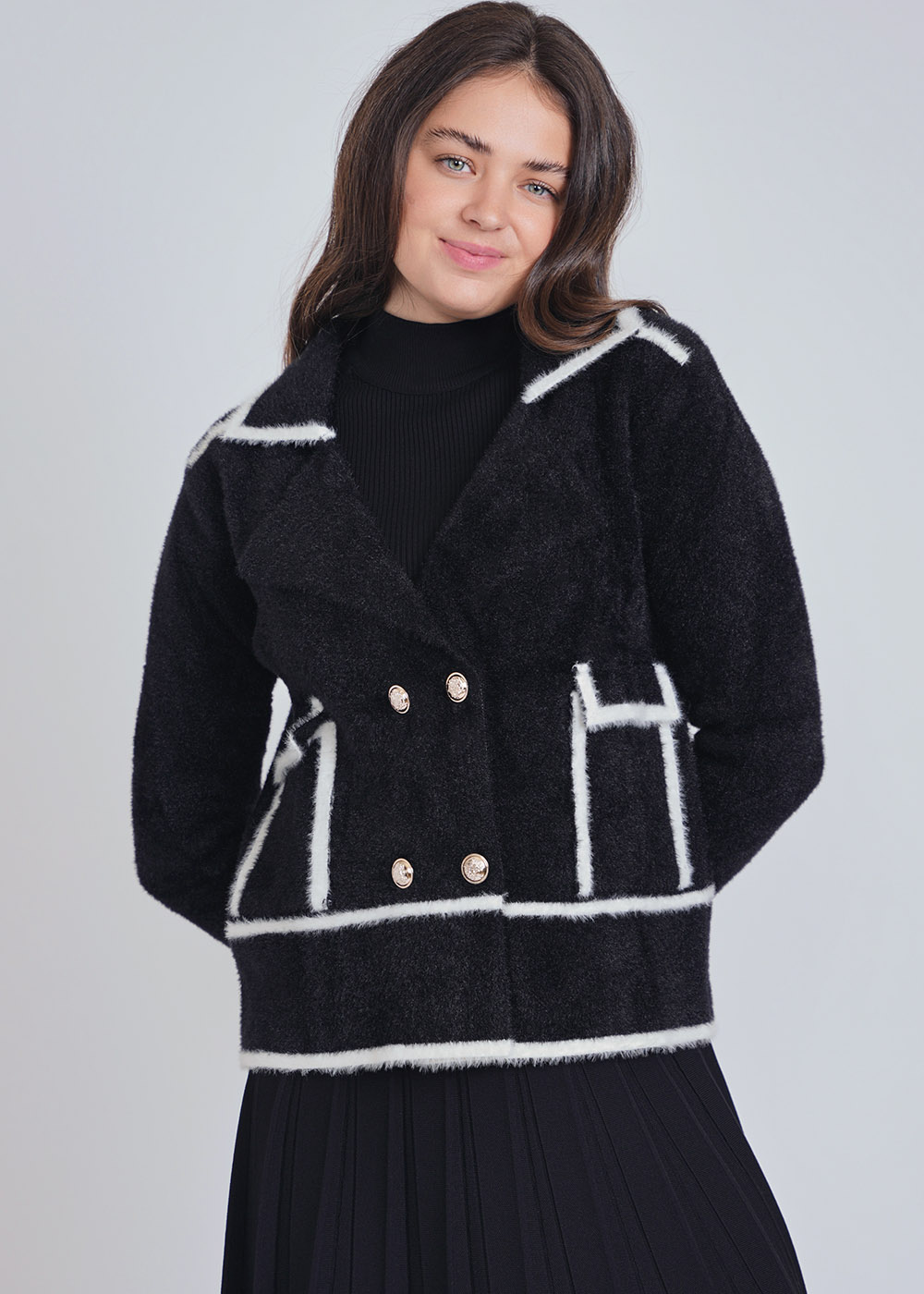 Black & White Cardigan Fusion: Warm Furry Knit with Formal Lapel