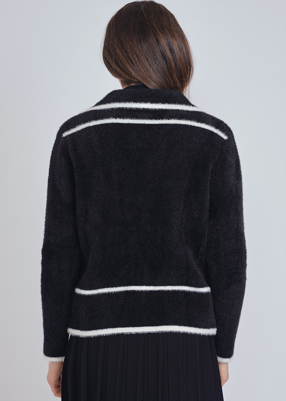 Black & White Cardigan Fusion: Warm Furry Knit with Formal Lapel