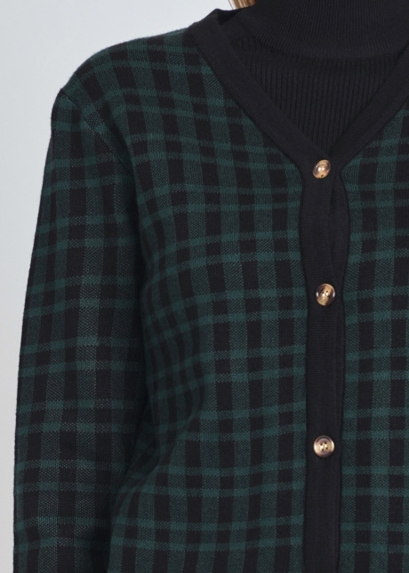 Black Cardigan with Green Plaid & V-Neck Detail