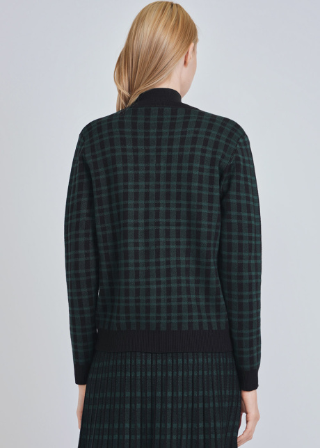 Black Cardigan with Green Plaid & V-Neck Detail