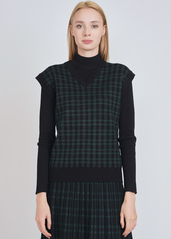 V-Neck Green Checkered Accent on Black Vest