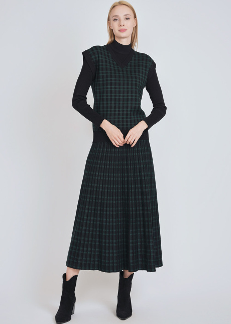 Green Check on Black Midi Skirt